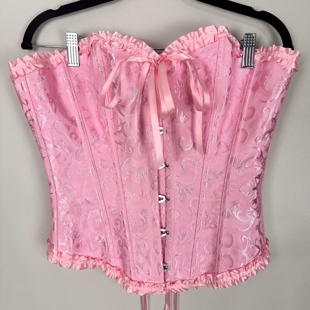 Pink Floral Jacquard Bustier Lace Up Corset Top Ruffle Hem Castle Fairy Small - Picture 4 of 14